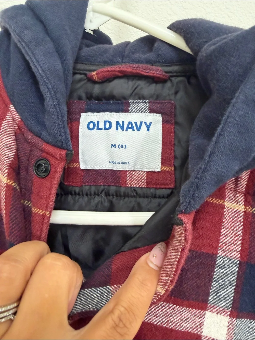 Old Navy Red Plaid Hooded Kids Jacket with Navy Hood